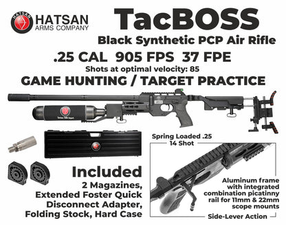 Hatsan TacBoss .25 Cal 905 FPS 37 FPE 14-Shot PCP Black Air Rifle, Side-Lever Action, 580cc Air Cylinder, Dual Pressure Gauges, QE Technology w/ Wearable4U 150x .25cal Pellets & Scope w/Mounts Bundle