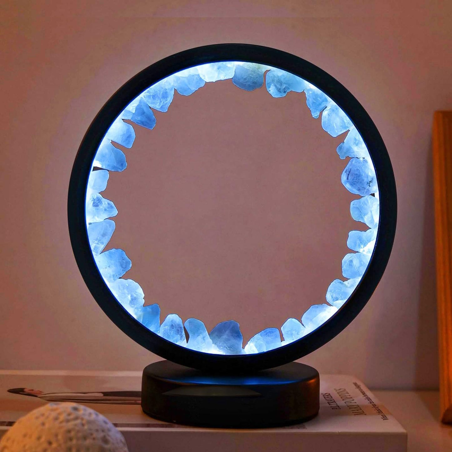 Runyangshi Celestite Night Light 8.6" Natural Healing Crystal Bedside USB Port 3 Colours Dimming Mode Bedroom Lamp Suitable Night Lamp Ideal Gift