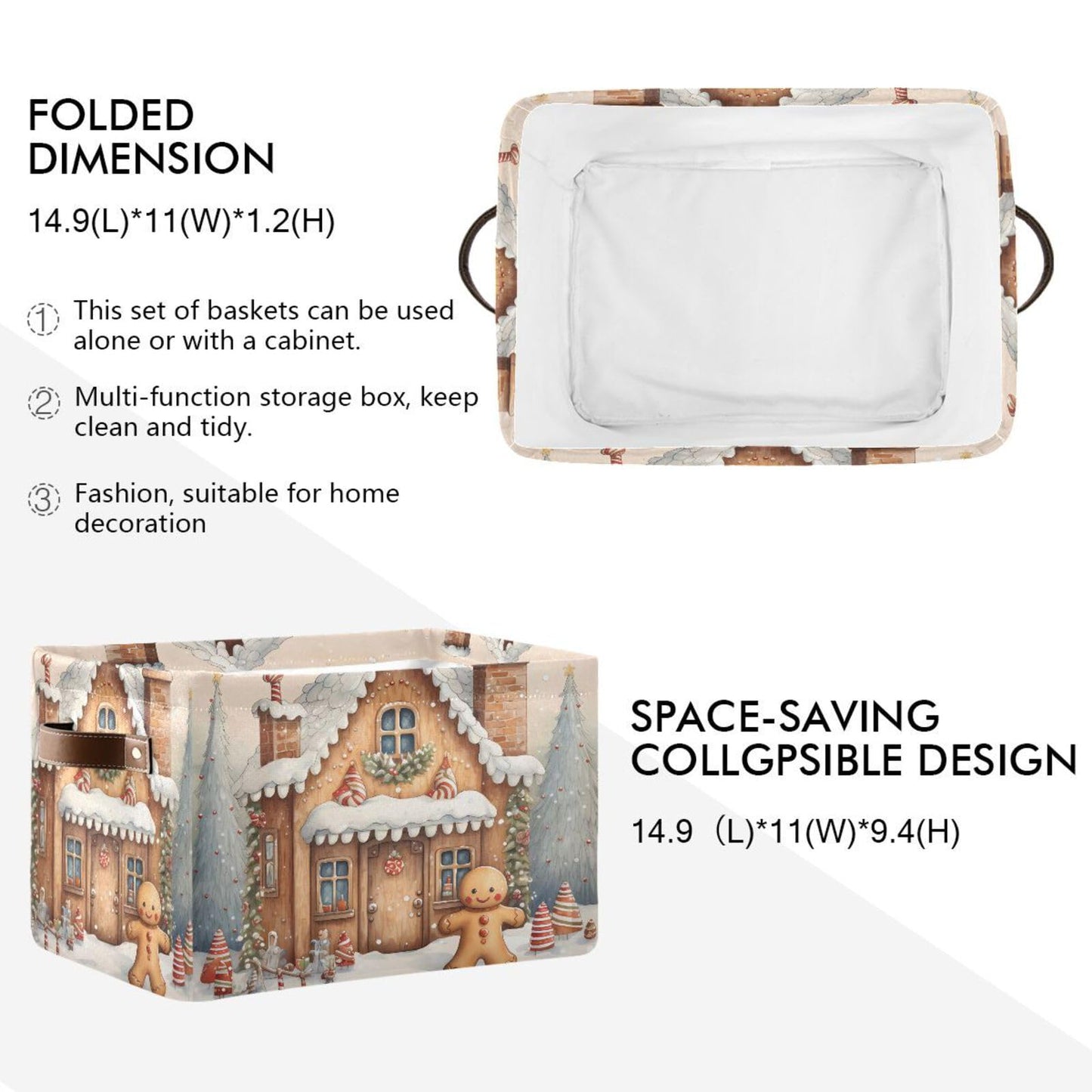 senya Christmas Storage Basket, Christmas Snow Gingerbread Man Foldable Fabric Collapsible Storage Bins Organizer Bag for Storage Clothes