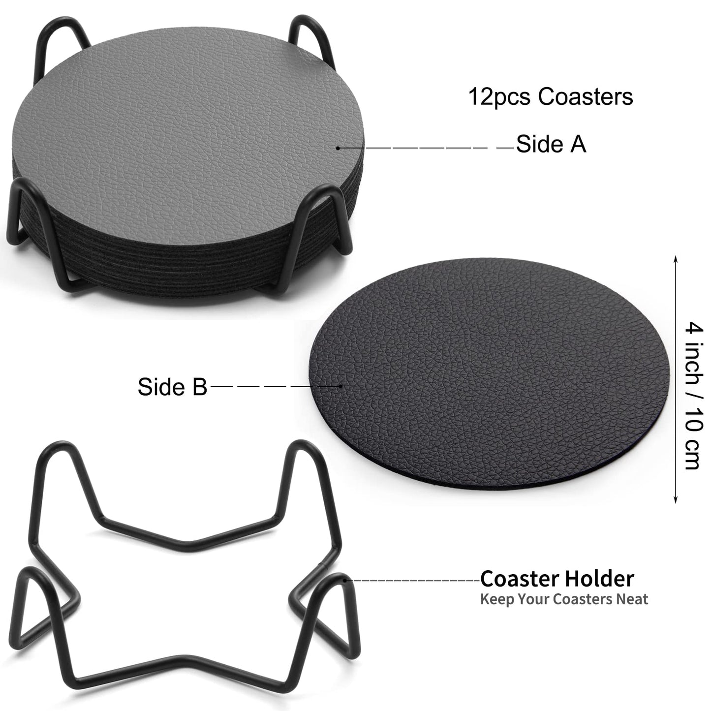 Chitomars Faux Leather Coasters Set of 12, Dual Sided Non-Slip Washable Cup Coasters for Coffee Tabletop Protection (Gray Black)
