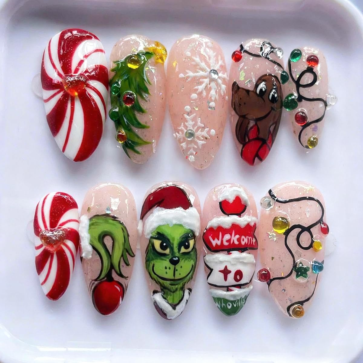 30Pcs Christmas Press on Nails Medium Almond Fake Nails 3D Rhinestones Xmas Tree Lamp Strip Design Handmade False Nails Cute Monster Acrylic Nail Snowflake Gems Glue on Nails for Women Winter Manicure