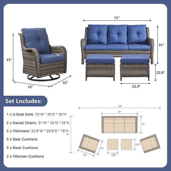 Rilyson Wicker Patio Furniture Set - 5 Piece Rattan Outdoor Sectional Conversation Sets with 2 Rocking Swivel Chairs,2 Ottomans and 1 Sofa for Porch Deck Garden(Mixed Grey/Blue)