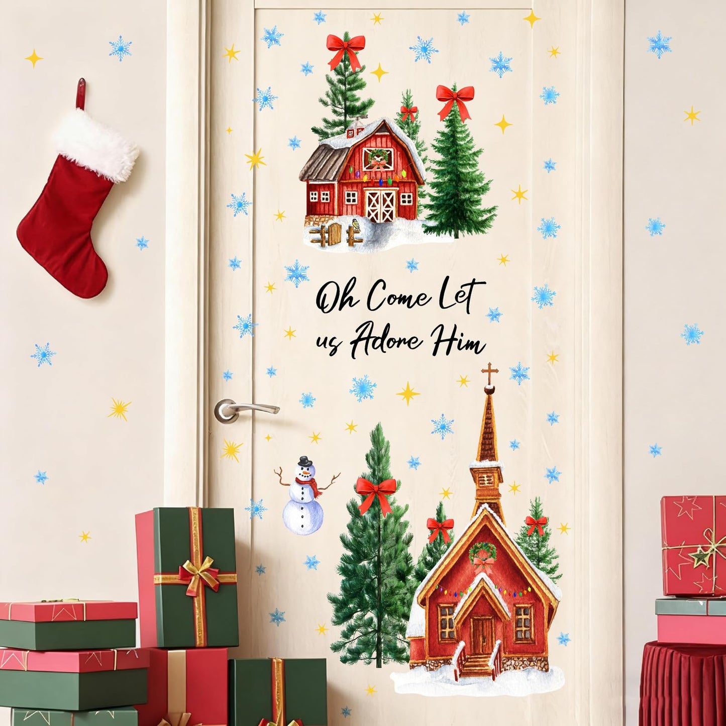Large Christmas House Wall Stickers Christmas Pine Tree Window Wall Decals Winter Snowflake Snowman Tree House Window Stickers Holiday Windows Decals Removable Xmas Party Decorations
