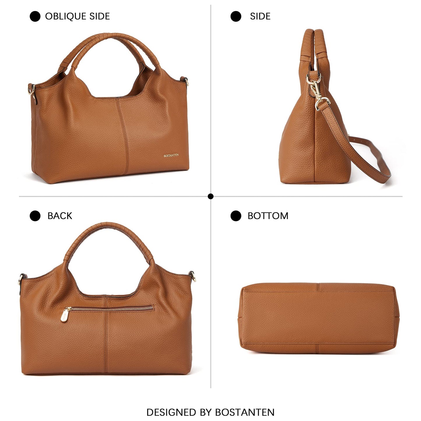 BOSTANTEN Genuine Leather Purses for Women Designer Handbags Crossbody Shoulder Bags Top Handle Satchel Brown