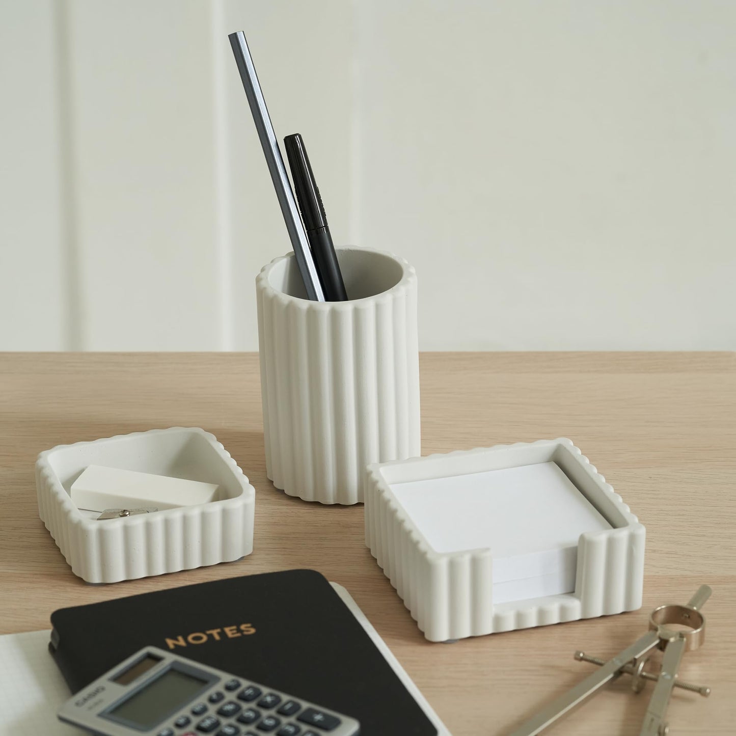 KIBAGA Modern Aesthetic Desk Accessories Set of 3 - Stylish Concrete Organizers for Pens & Office Supplies - A Cute and Functional Addition to Your Workspace Decor