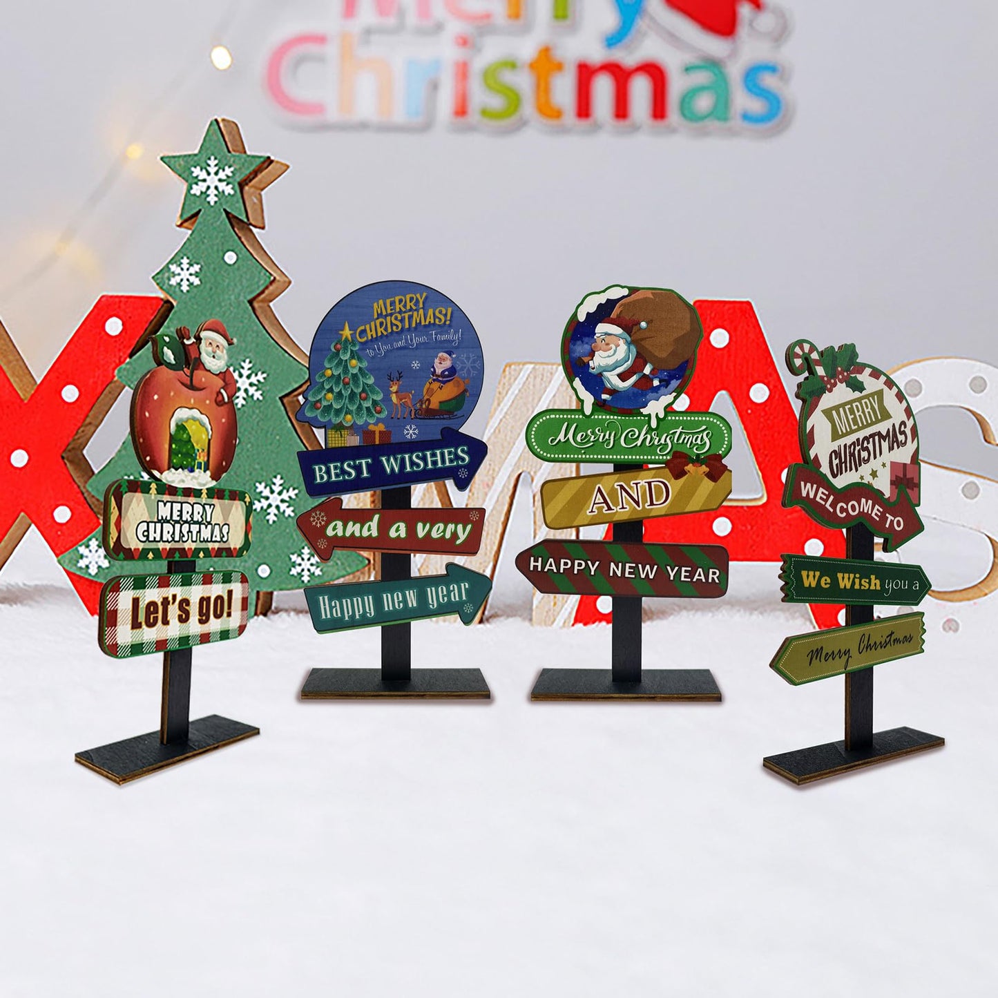 YvSuZeBuDa Christmas Table Decorations, 4 Piece Wooden Rectangular Sign Boards, Rustic Farmhouse Style, Polychrome, 8.86 x 4.72 Inches, Wall Mount with Twine, Cozy Theme (Christmas Apple)