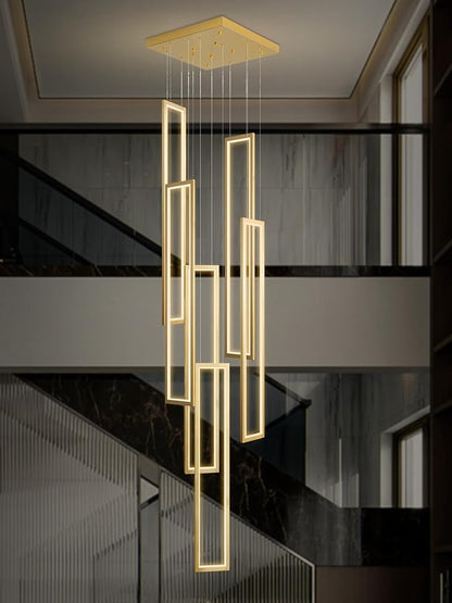 Flashing God Large Modern Chandeliers,Gold Chandelier with 6 Ring Led Foyer Chandeliers,High Ceiling Chandelier for Living Room,Rectangle Pendant Lights for Entryway Staircase LED Dimming 2700k-6001k