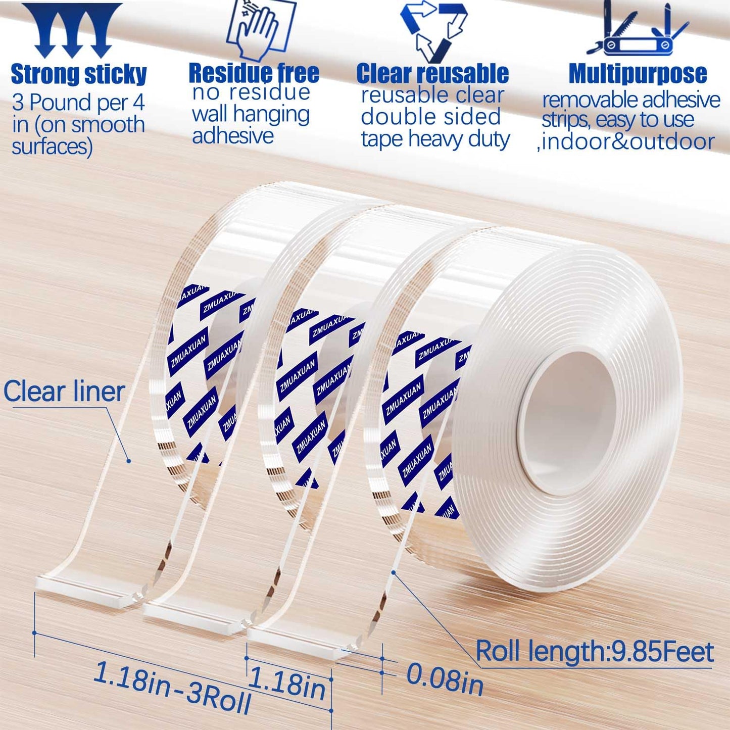 ZMUAXUAN Clear Double Sided Adhesive Mounting Tape Heavy Duty Removable,Strong Picture Hanging Strips Wall Hangers,Sticky Tack Gel Putty Glue for Poster,Photo,Mirror,Carpet(9.85 Ft-3 Pack)