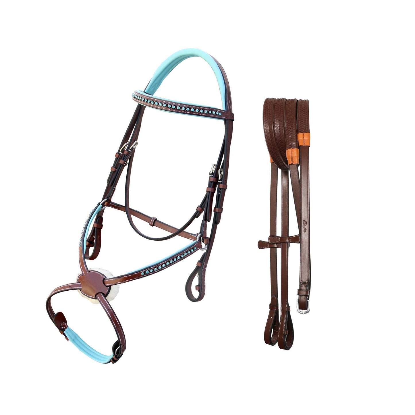 Exion Soft Lined with Blue Bling Figure 8 Bridle and Rubber Reins for Horses | English Figure 8 Blue Bridle