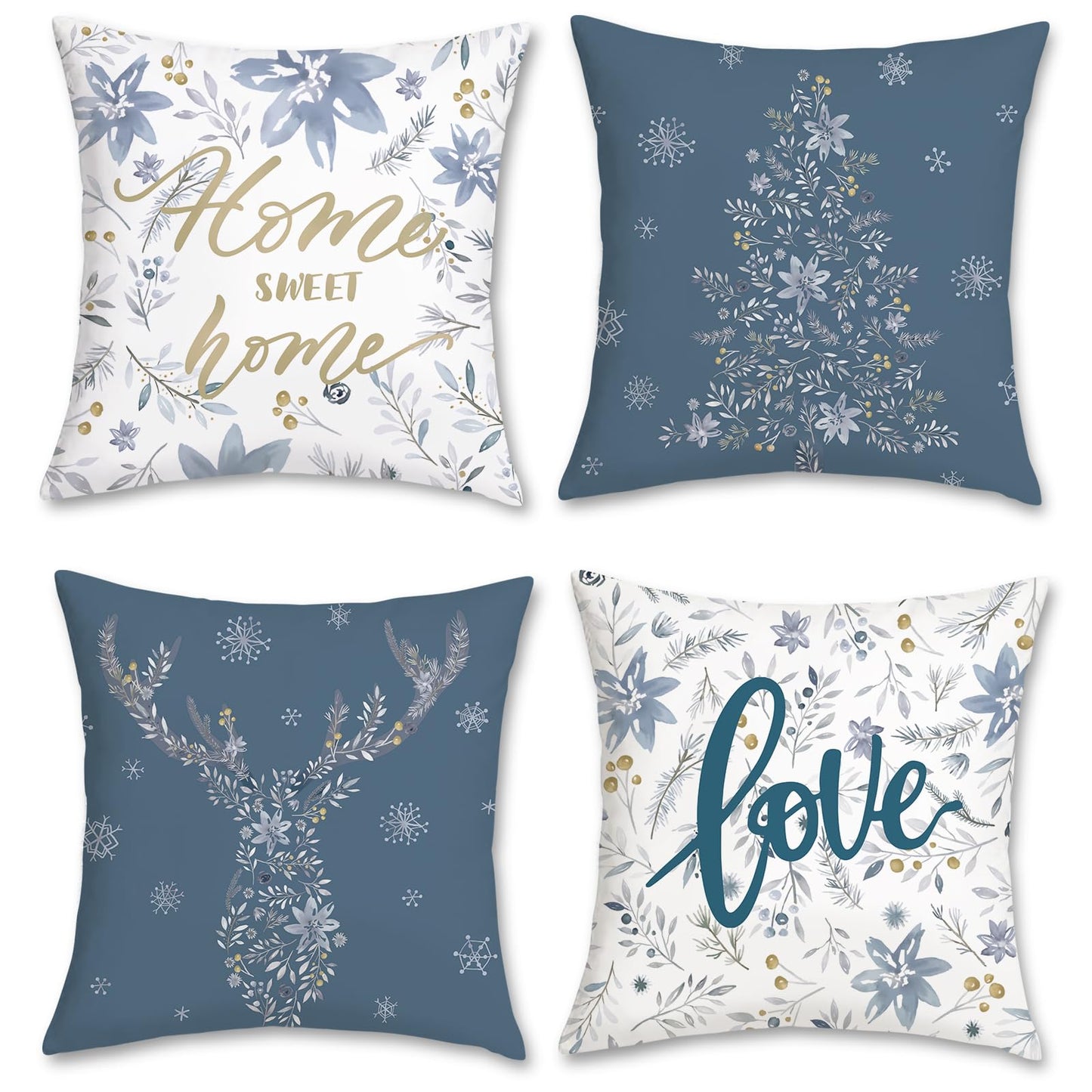 Bonhause Winter Throw Pillow Covers 18 x 18 Inch Home Sweet Home Snowflake Xmas Tree Deer Blue Grey Christmas Decorations Pillows for Sofa Couch Winter Decor Set of 4