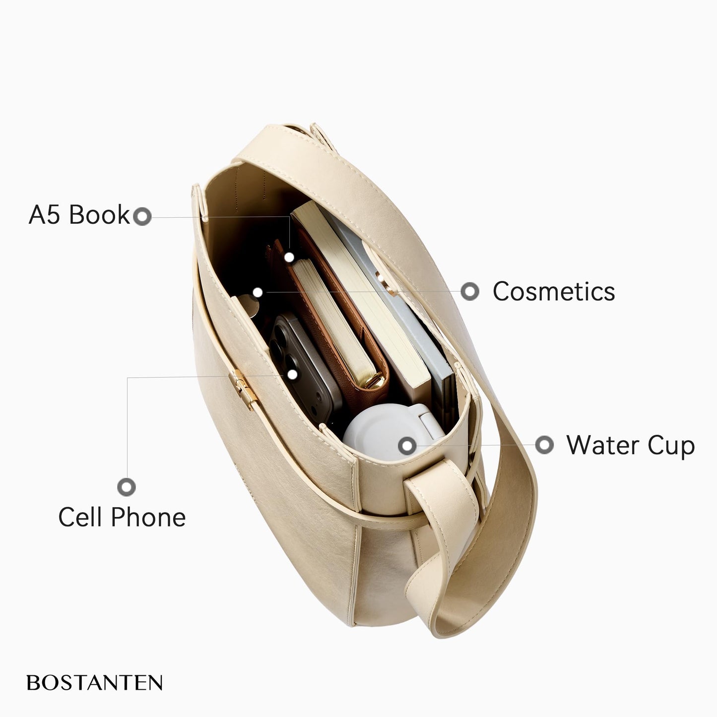 BOSTANTEN Bucket Bag Soft Vegan Leather Purses for Women Trendy Shoulder Handbags Separate Pouch Beige Apricot