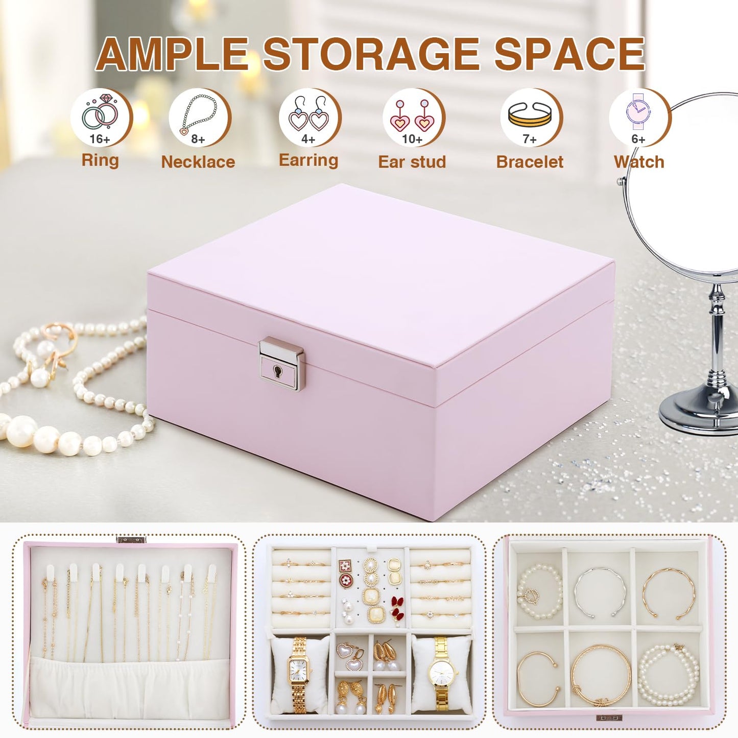 Jewelry Organizer Box for Girls Women,Large Genuine Leather Jewelry Organizers and Storage with Earring Holder Organizer Removable Velvet Jewelry Tray,Christmas Gifts Jewelry Box for Girls 8-12,Pink