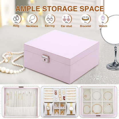 Jewelry Organizer Box for Girls Women,Large Genuine Leather Jewelry Organizers and Storage with Earring Holder Organizer Removable Velvet Jewelry Tray,Christmas Gifts Jewelry Box for Girls 8-12,Pink