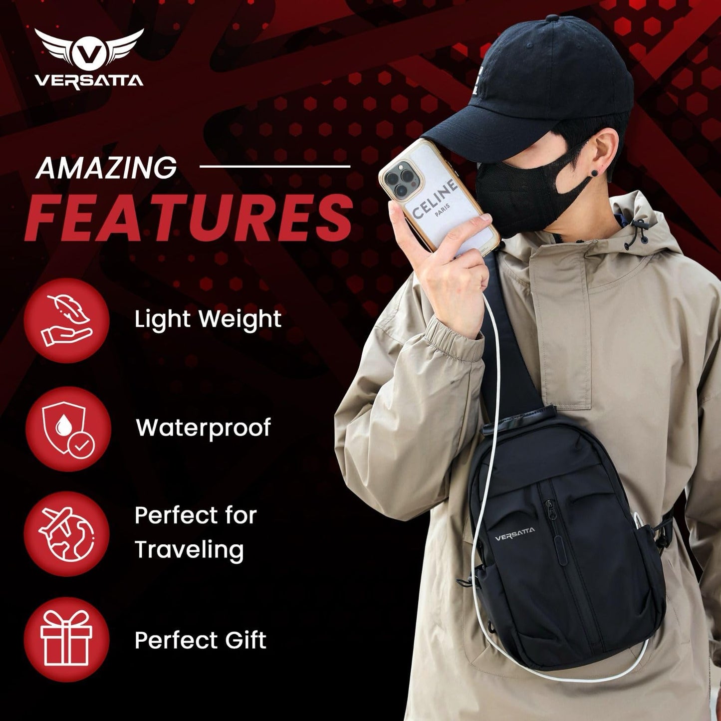 VERSATTA Small Sling Crossbody Backpack with RFID Pocket, Adjustable Shoulder Bag for Men Women, Lightweight One Strap Backpack for Hiking, Mini Travel Crossbody Bags for Women Chest Bag with USB Port