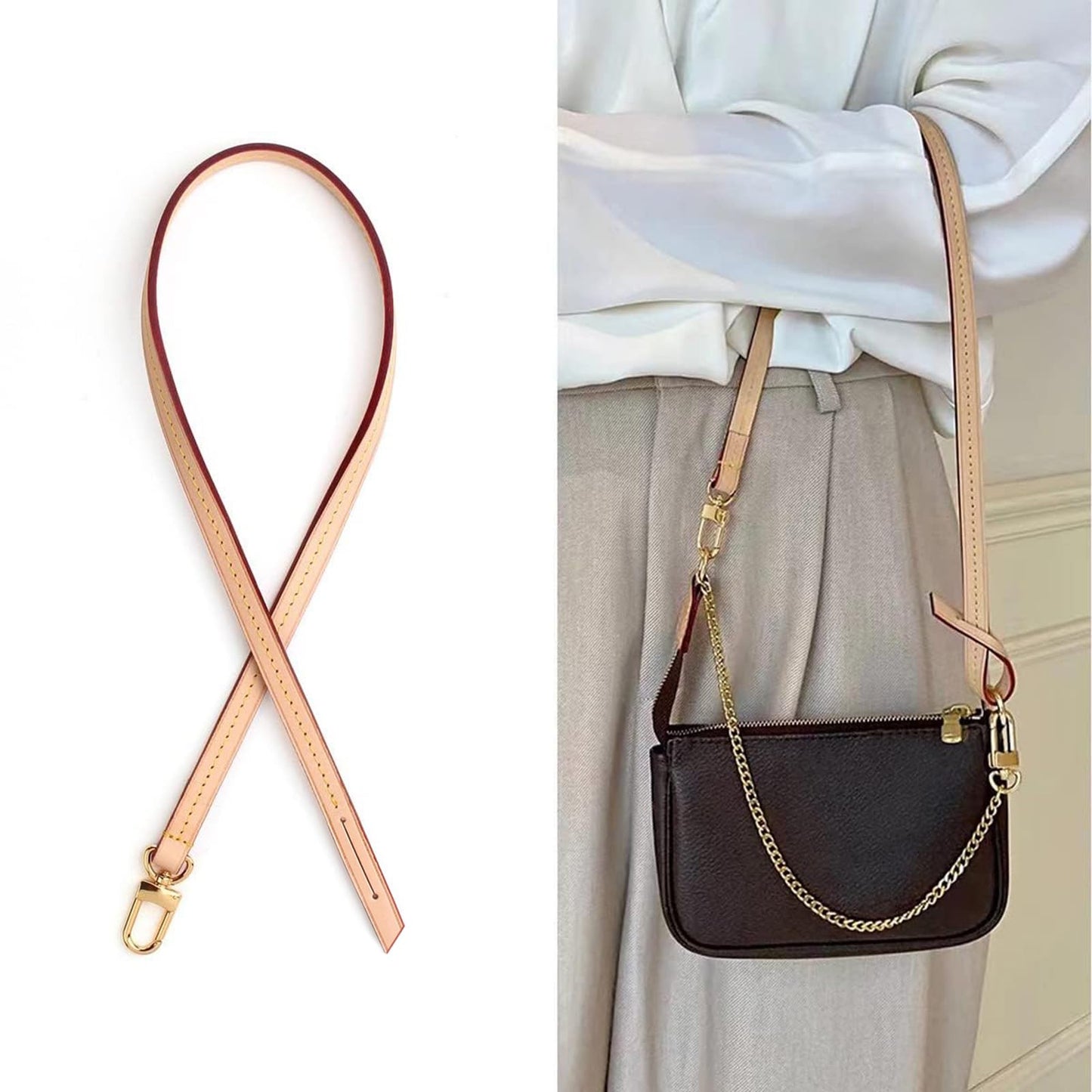 jiesinlov Genuine Vachetta Leather Replacement Bags Thin short Strap Shoulder Purse Straps for Multi Pochette Boulogne pouchette Montaigne Accessories 20INCH (0.39Width Single one Buckle 23.5Length)
