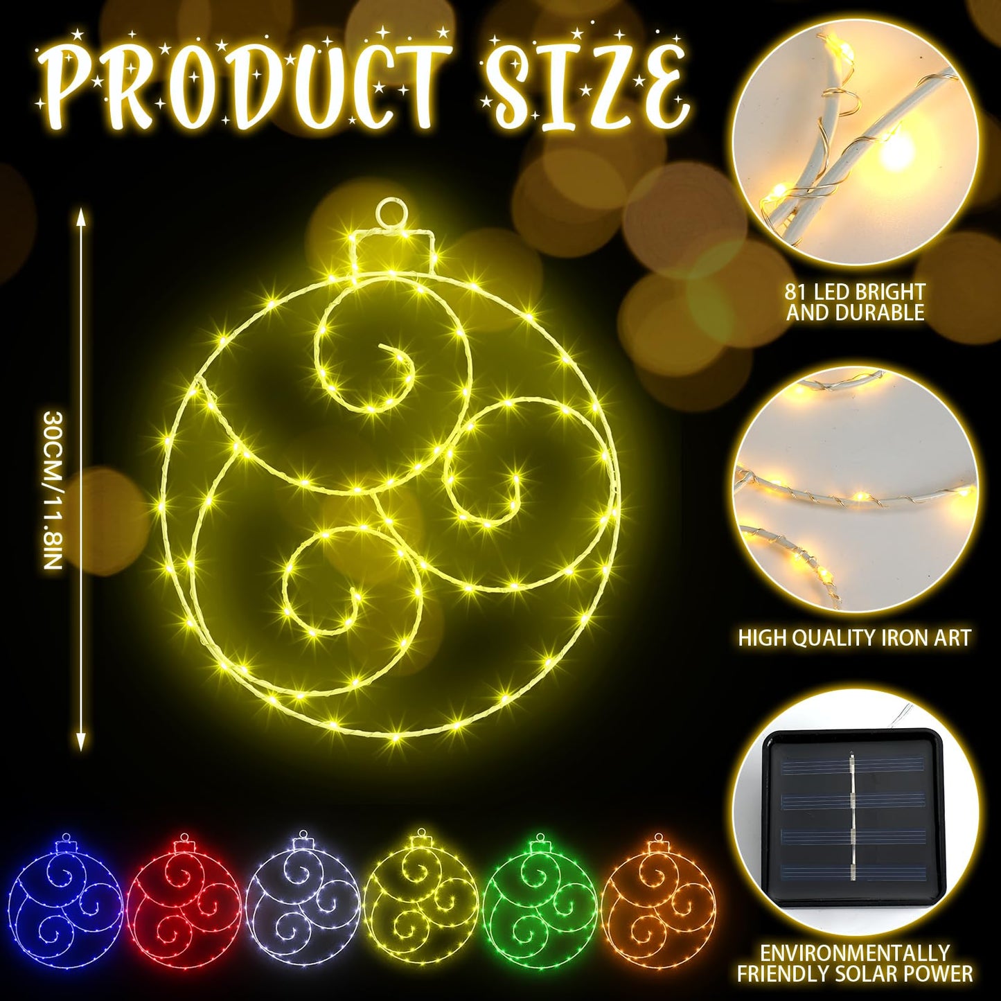 6 Pcs 12 Inch Solar Christmas Outdoor Light Decoration Christmas Hanging Ball LED Waterproof 60 Light with 8 Flicker Modes for Garden Tree Holiday Party Fireplace Decor