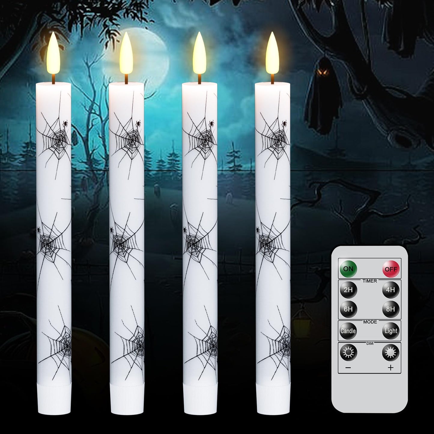 GenSwin Real Wax Flameless Taper Candles, 4 Pack Halloween LED Taper Candles Battery Operated with Remote Timer, Flameless Candlesticks with Spider Web Prints for Halloween Decoration (0.75” x 9.65”)
