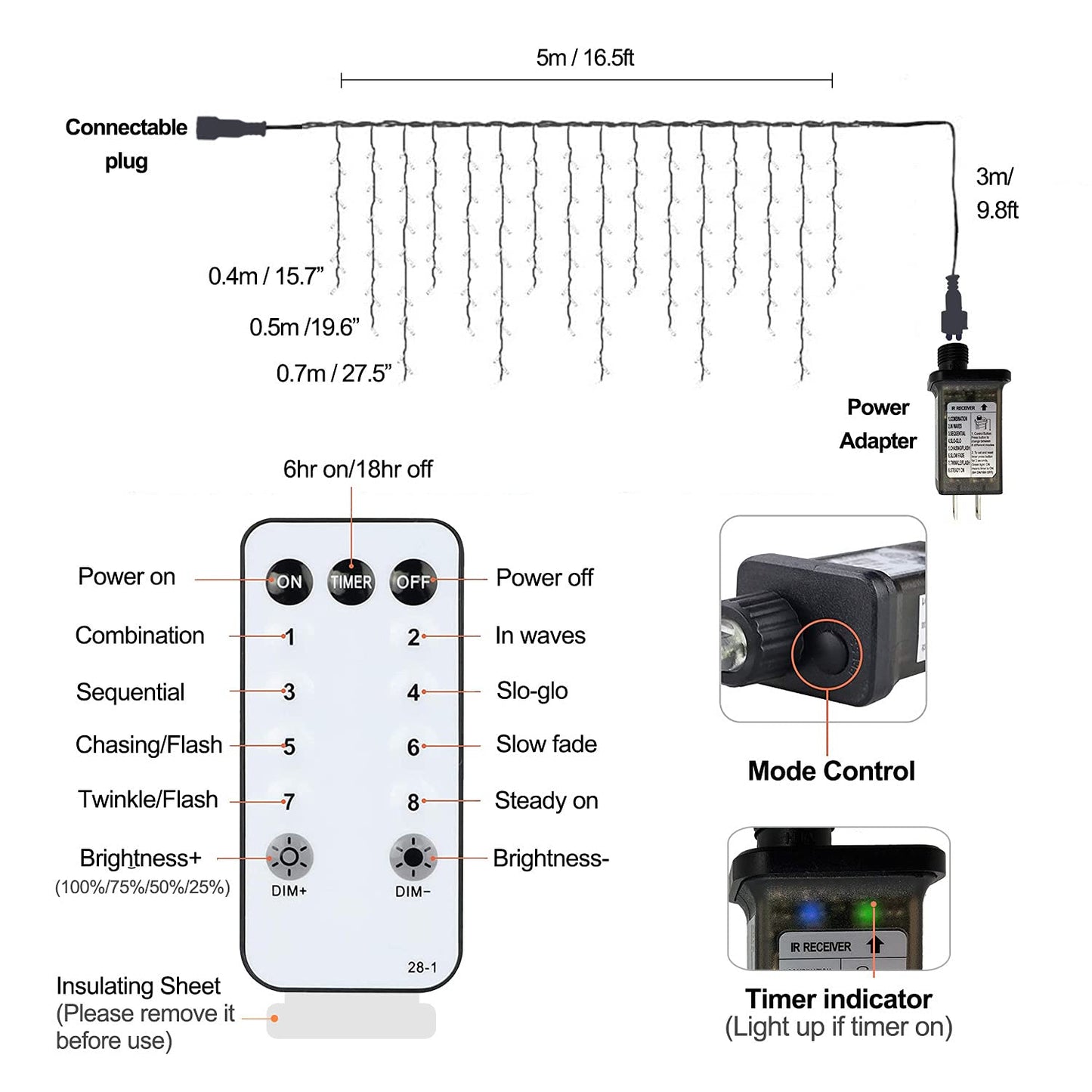 YOLIGHT Icicle Lights Outdoor, 16.5ft 192 LED Christmas Lights With Remote Control, 8 Modes Twinkle Curtain for Garden Bedroom Roof Wedding Party Halloween Decoration (Warm White)