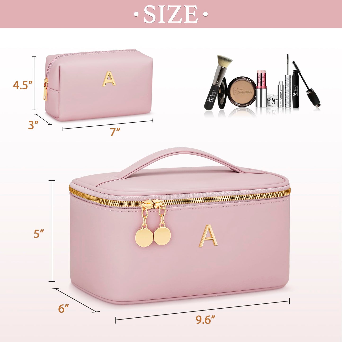 CLOUDWINGS Personalized Initial Makeup Bag Gifts for Women, Large Travel Cosmetic Organizer with Handle & Divider, PU Leather Toiletry Bag for Girls, Birthday Bridesmaid Gift Set - Pink - A