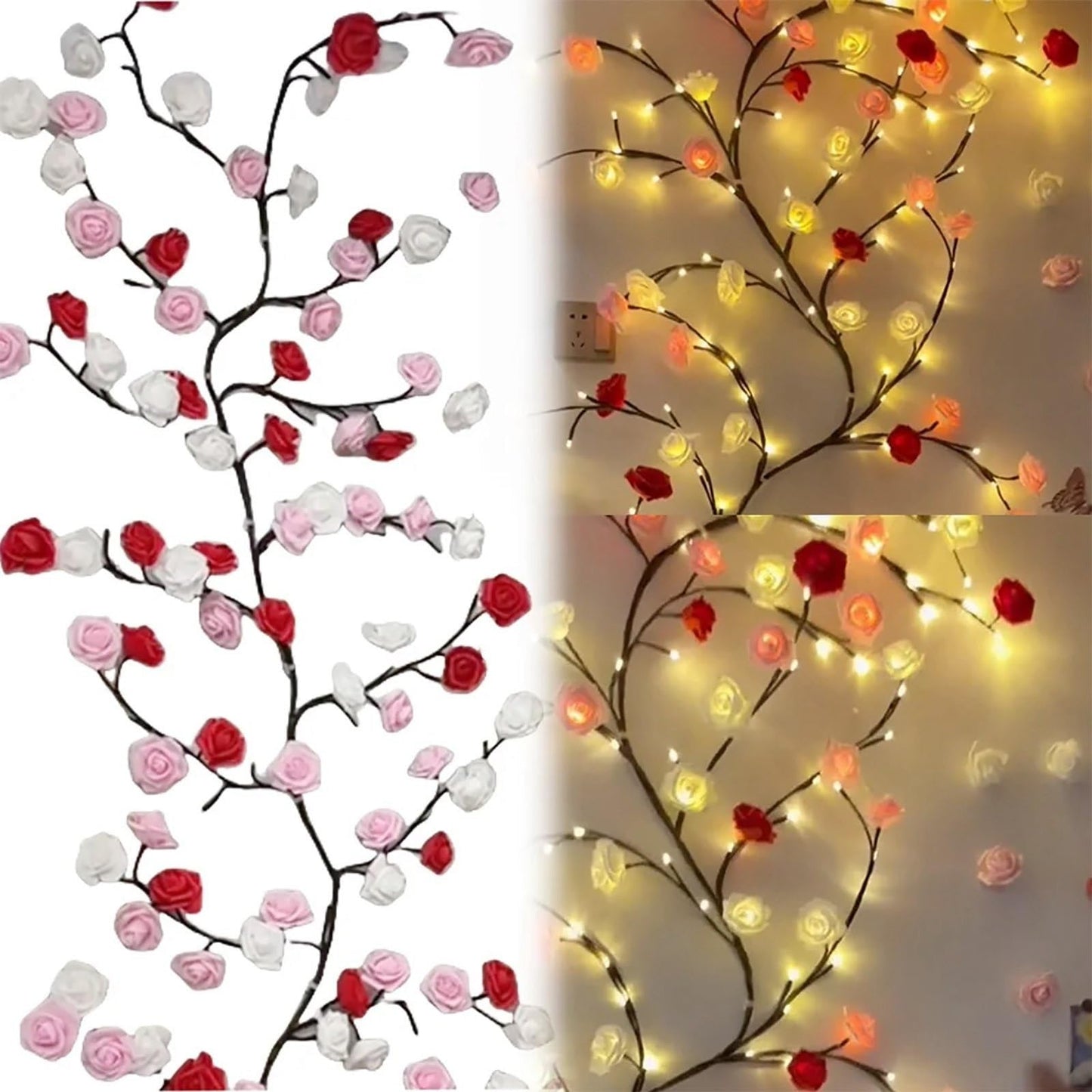 BomKra Rose LED Tree Branch Lights for Wall,Rose Blossom Willow Vine Branch Room Decor Gift,Flexible DIY Design,with 144 LED Lights and Remote,8 Lighting Modes,for Bedroom and Wall Decor (90inch)