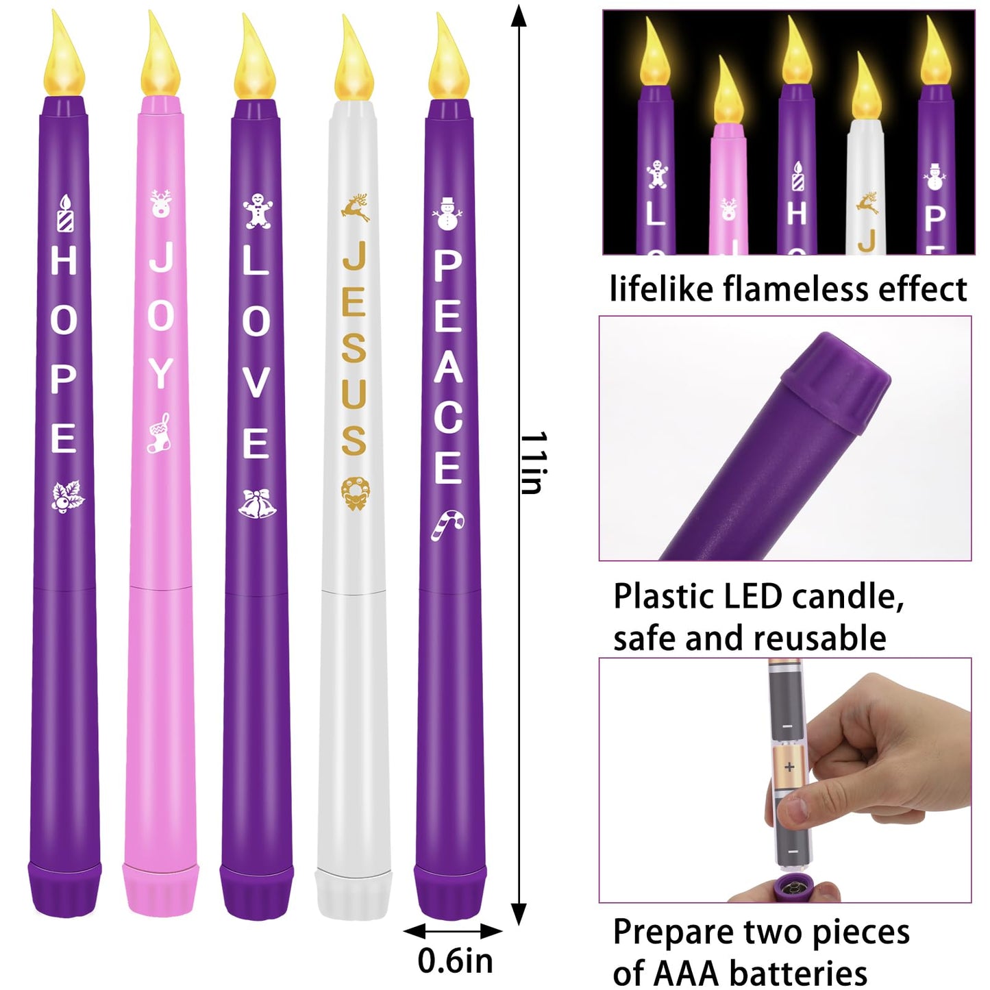 RGQSUN LEDs Flameless Advent Candles Sets of 5 Christmas Advent Candles Battery Operated Flickering Flameless Taper Candle for Christmas Wreath Advent Decor(Battery is not Included)