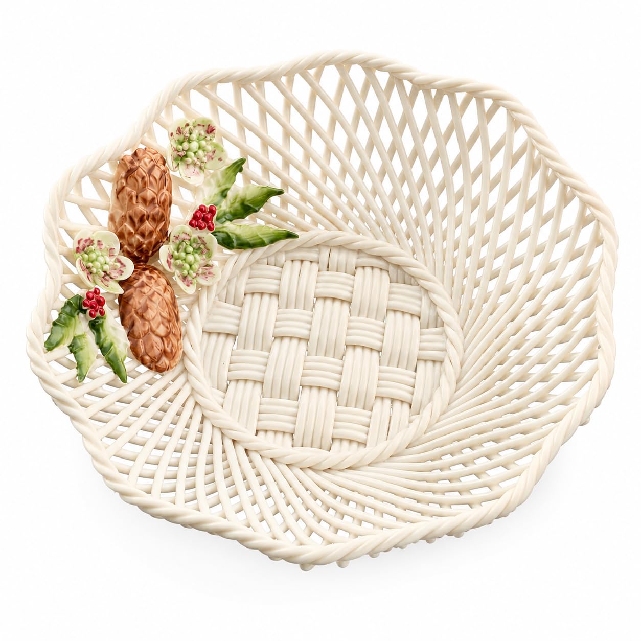 Belleek Classic Wild Irish Hedgerow Winter Basket - Boho Room Decor, Decorative Storage Baskets, Adorned with Pinecones, Holly, and Christmas Rose, 7”D x 1.5”H