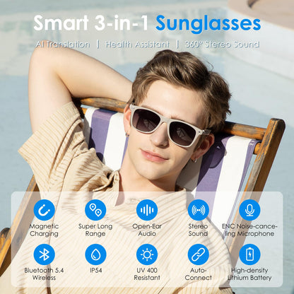 GetD AI Glasses for Men & Women, Smart Glasses Powered by ChatGPT, AI Real-time Translation with 145 Languages, 11H Music Play, Bluetooth Glasses with Photochromic Lens for Daily Use, Travel