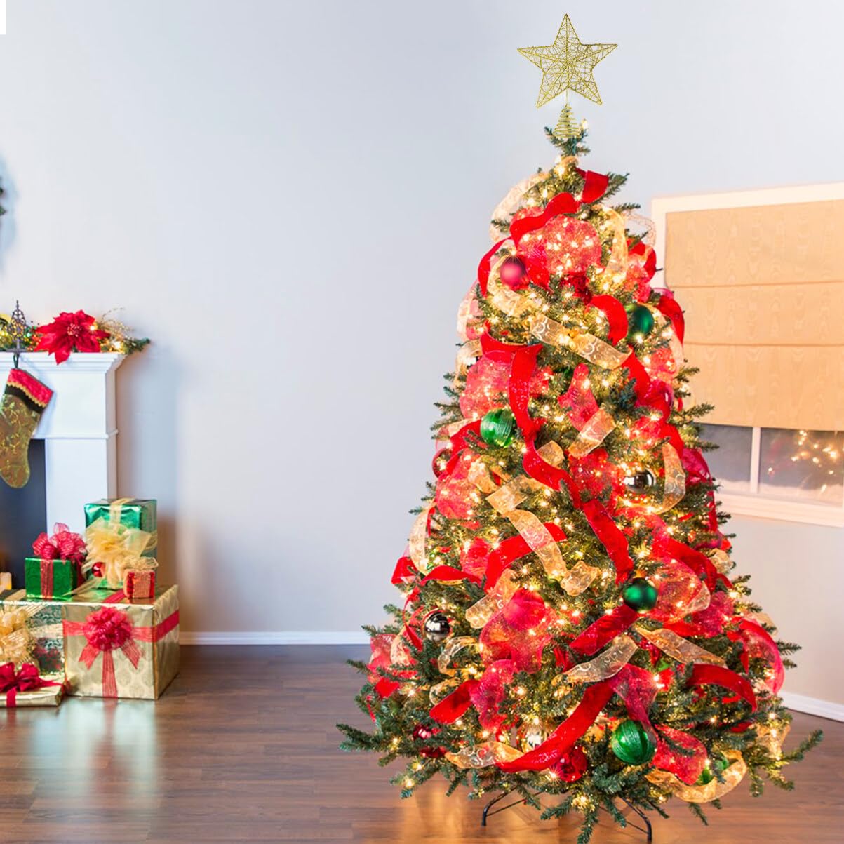 Unomor 10 Inch Christmas Star Tree Toppers – Gold Glittered Metal Hallow Design Tree Topper Star for 6ft to 7ft Christmas