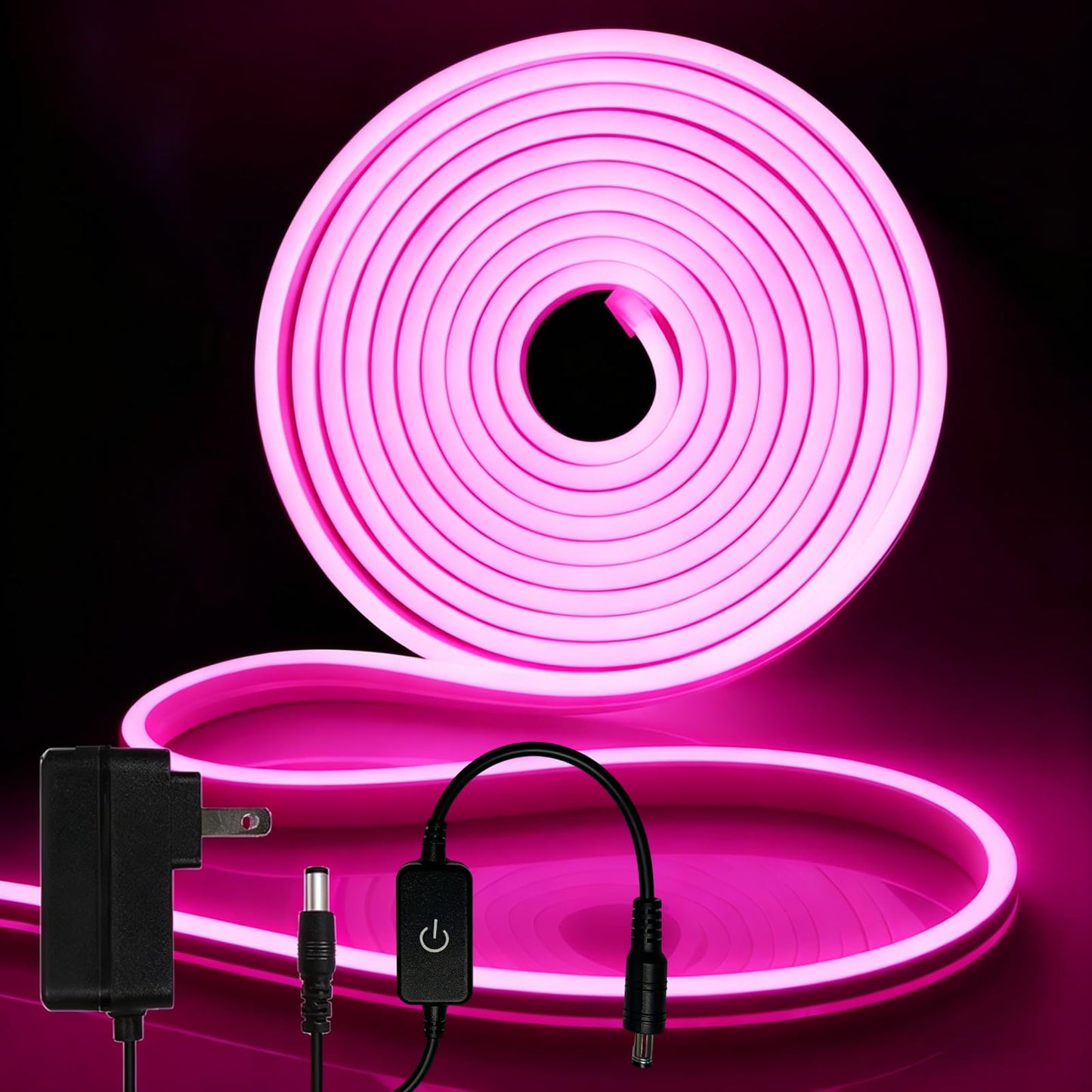 iNextStation 16.4FT/5M Pink LED Strip Lights, DC12V Silicone Neon Light Strip, IP65 Waterproof Led Rope Lights Dimmer for Cuttable DIY, LED Light Strip for Bedroom, Indoor, Outdoor(with Plug)