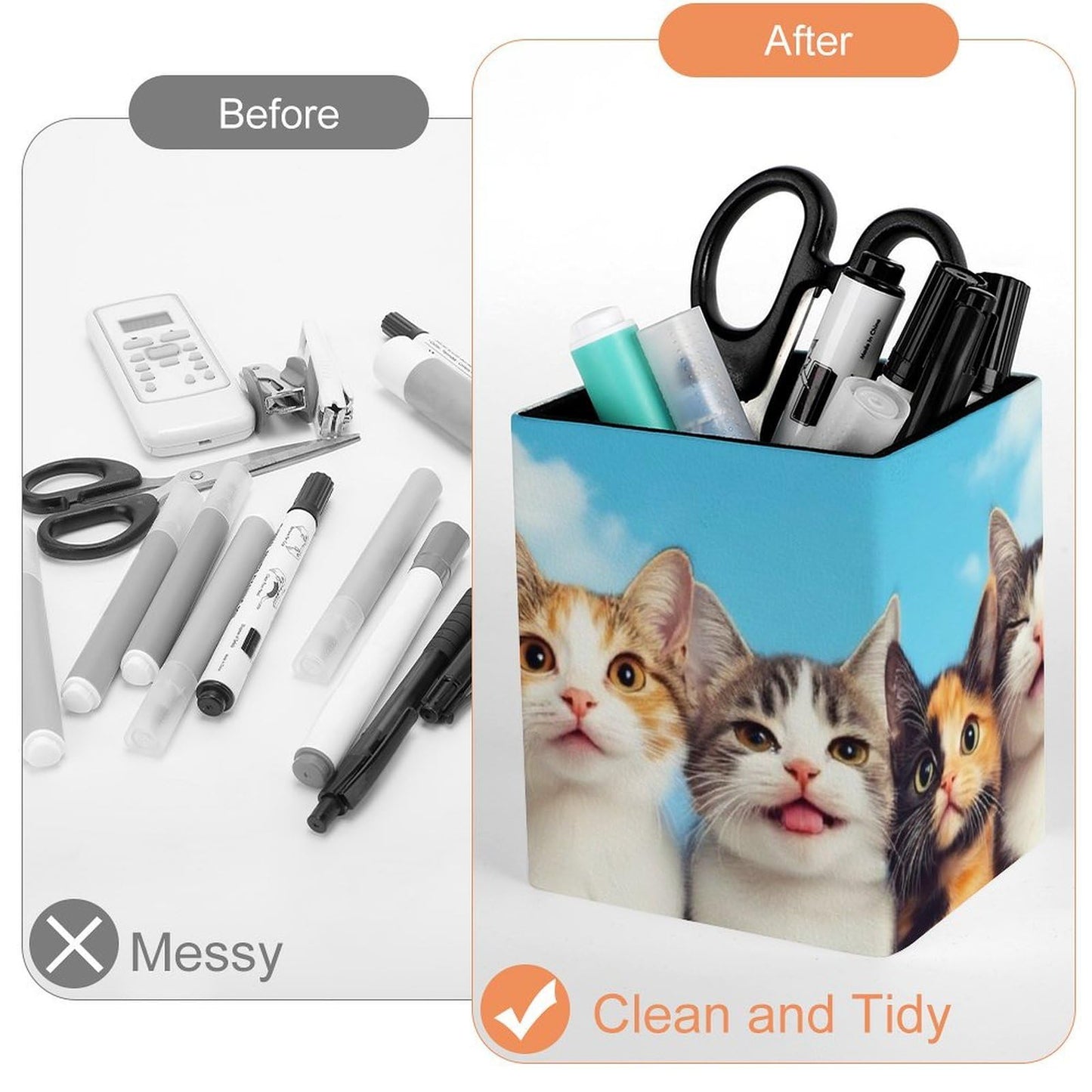 UTRSIFB Holder Cup Makeup Brush Storage Organizer, Waterproof Multifunctional Office Supplies, Pen Holder Square Leather Pencil Cute Cats