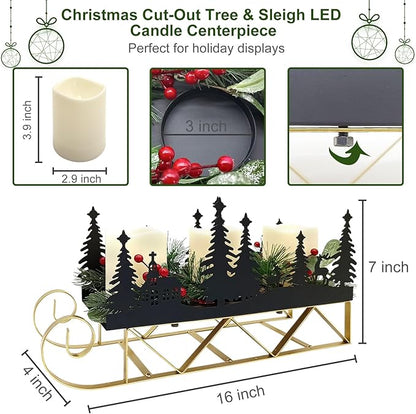 Christmas Centerpiece Table Decorations with Flickering Led Candle Lights Xmas Sleigh Silhouette Candelabrum for Dinning Room, Table, Fireplace, Mantel Holiday Decoration