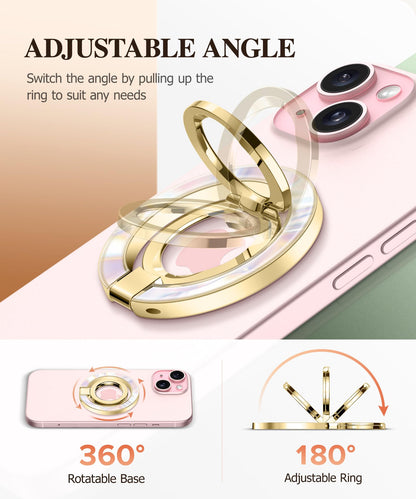 GVIEWIN Magnetic Phone Ring Holder, Compatible with MagSafe Phone Grip with Adjustable Stand, Magnet Phone Ring Kickstand for iPhone 17/16/15/14/13/12 Pro Max Plus Air/Other Phones (Glitter/Silver)