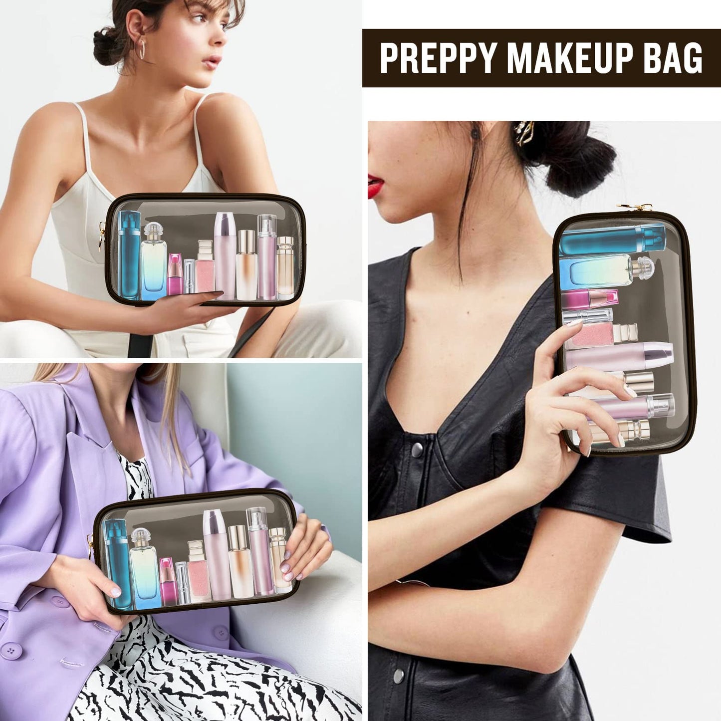 Small Clear Travel Makeup Organizer Bag for Purse, Cute Black Makeup Bag Preppy Cosmetic Zipper Pouch Purse, Transparent PVC & Nylon Toiletry Bag Clutch Makeup Brush Bag Storage for Women Girls(Brown)