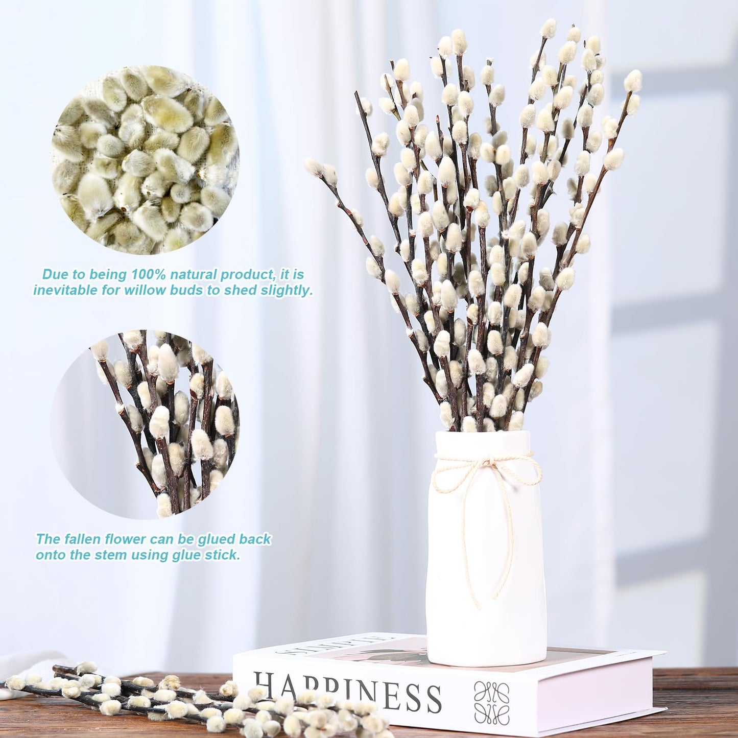 Natural Preserved Dried PussyWillow Branches for Vases, 30 Stems Real Willows, 17" Snow Pussywillows, Dried Flowers for Indoor and Outdoor Decor, Wedding Home DIY Floral Art Plants Fireplace
