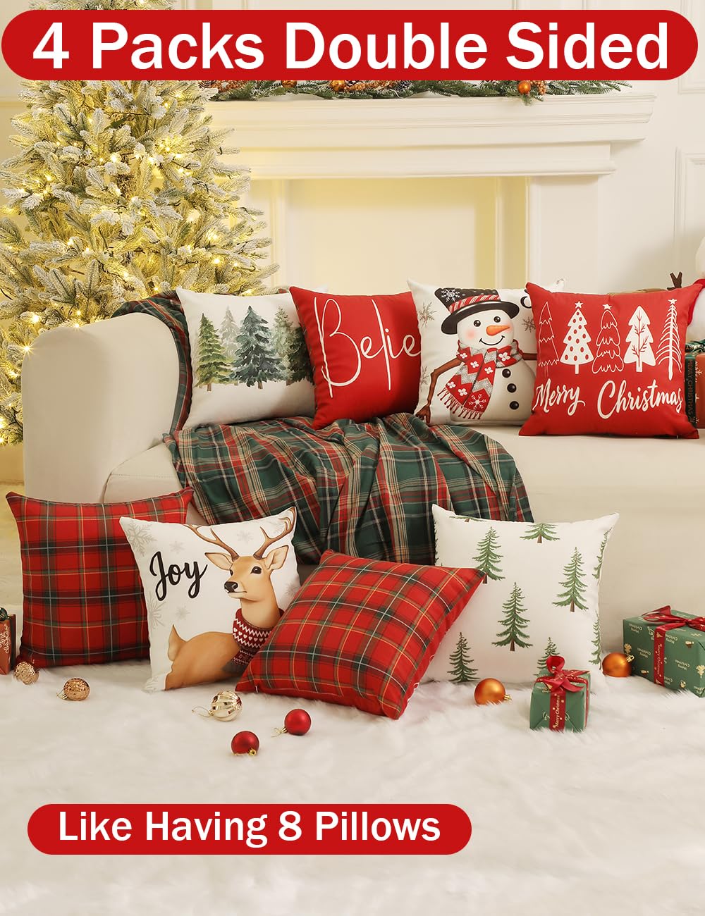 TOYPOPOR Christmas Decorations, Double Sided Plaid Throw Pillow Covers 16x16 Inches Set of 4, Christmas Tree, Snowflakes, Merry Christmas, Snowman Reindeer Winter Holiday Pillowcase for Sofa Couch