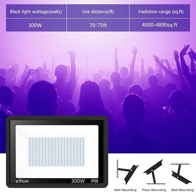 4 Pack 300W LED Flood Black Lights,395nm to 405nm UV Outdoor Flood High Power Blacklight Light with Plug in, IP66 Waterproof Large Black Light Spotlight for Glow Party Large Space, Halloween