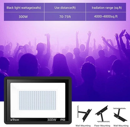 4 Pack 300W LED Flood Black Lights,395nm to 405nm UV Outdoor Flood High Power Blacklight Light with Plug in, IP66 Waterproof Large Black Light Spotlight for Glow Party Large Space, Halloween