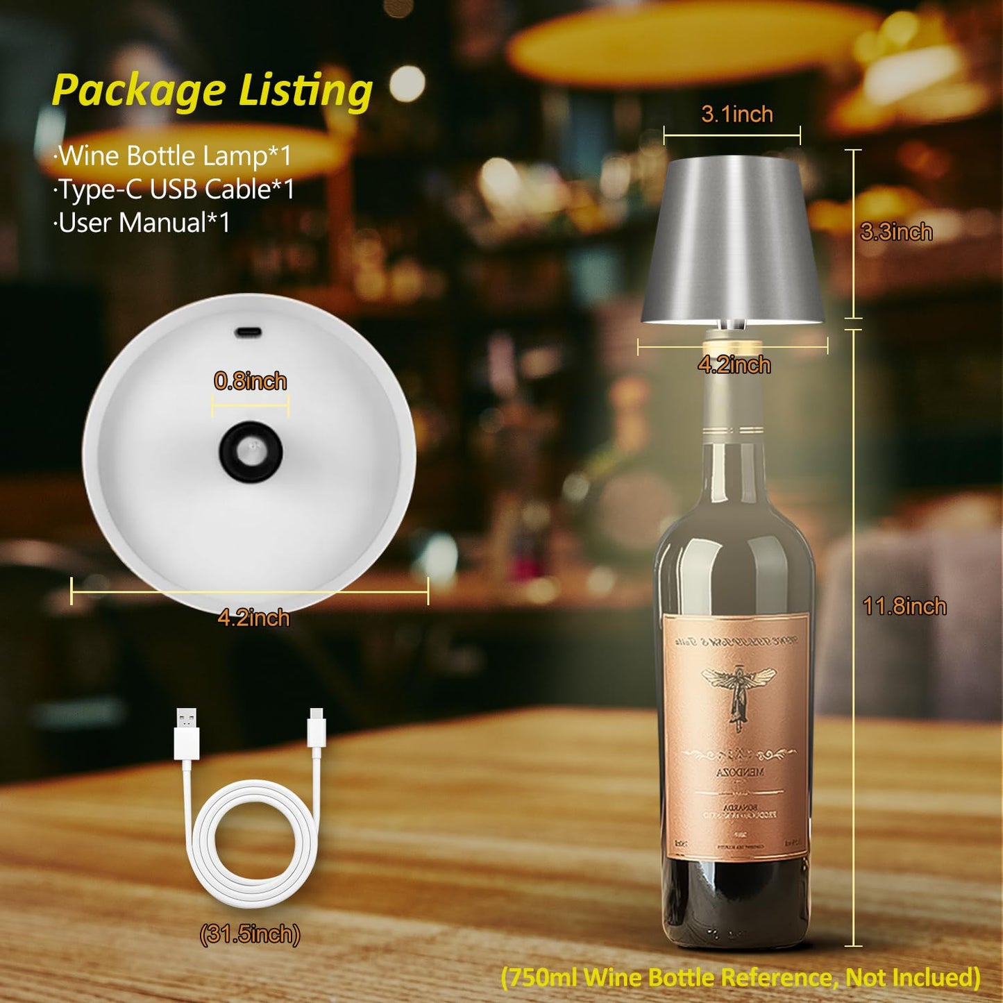 Hoide 2025 New Wireless Bottle Lamp - LED Bottle Lights for Liquor & Wine Bottles, Cordless Lampshade, Whiskey Bottle Top Light, Bottle Stopper Night Light Kit, Rechargeable 3-Tone Touch-Dimmable