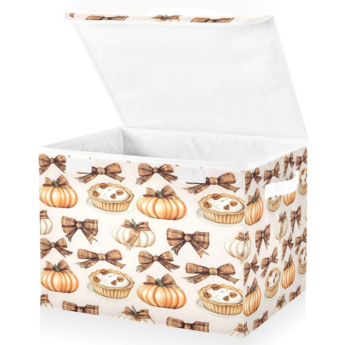 Bolaz Storage Bins with Lids and Handles,Autumn Pie Pumpkin Bows Pattern Storage Box Basket with Cover Collapsible Organizer Containers for Home Closet, Shelves