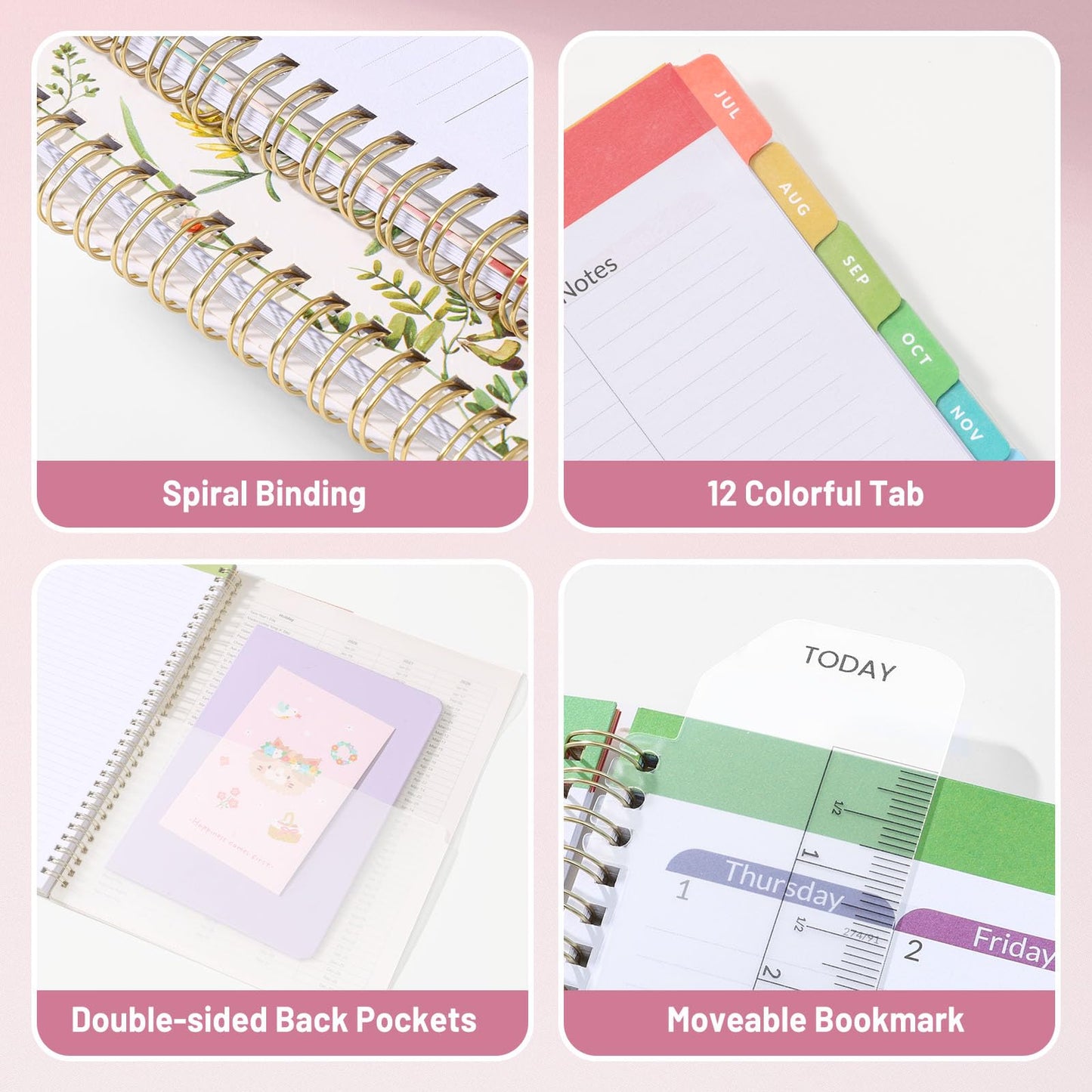 SUNEE Teacher Planner 2026-2027 Academic Year, 7 Periods Lesson Plan Book Jul 2026 - Jun 2027, 8.5"x11"Daily Weekly Monthly Organizers Horizontal Layout with Calendars, Bookmark, Tabs, Pocket, Peony