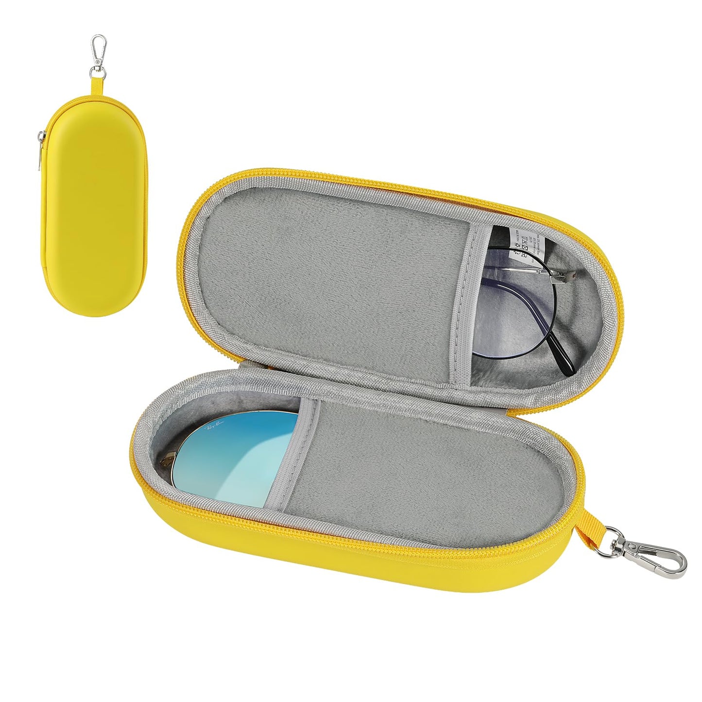 MoKo Double Glasses Case Hard Shell, Portable Travel Eyeglasses Case with Zipper Closure & Metal Hanging Hook, PU Leather Dual Sunglass Organizer for Women, Men, Yellow-Oval