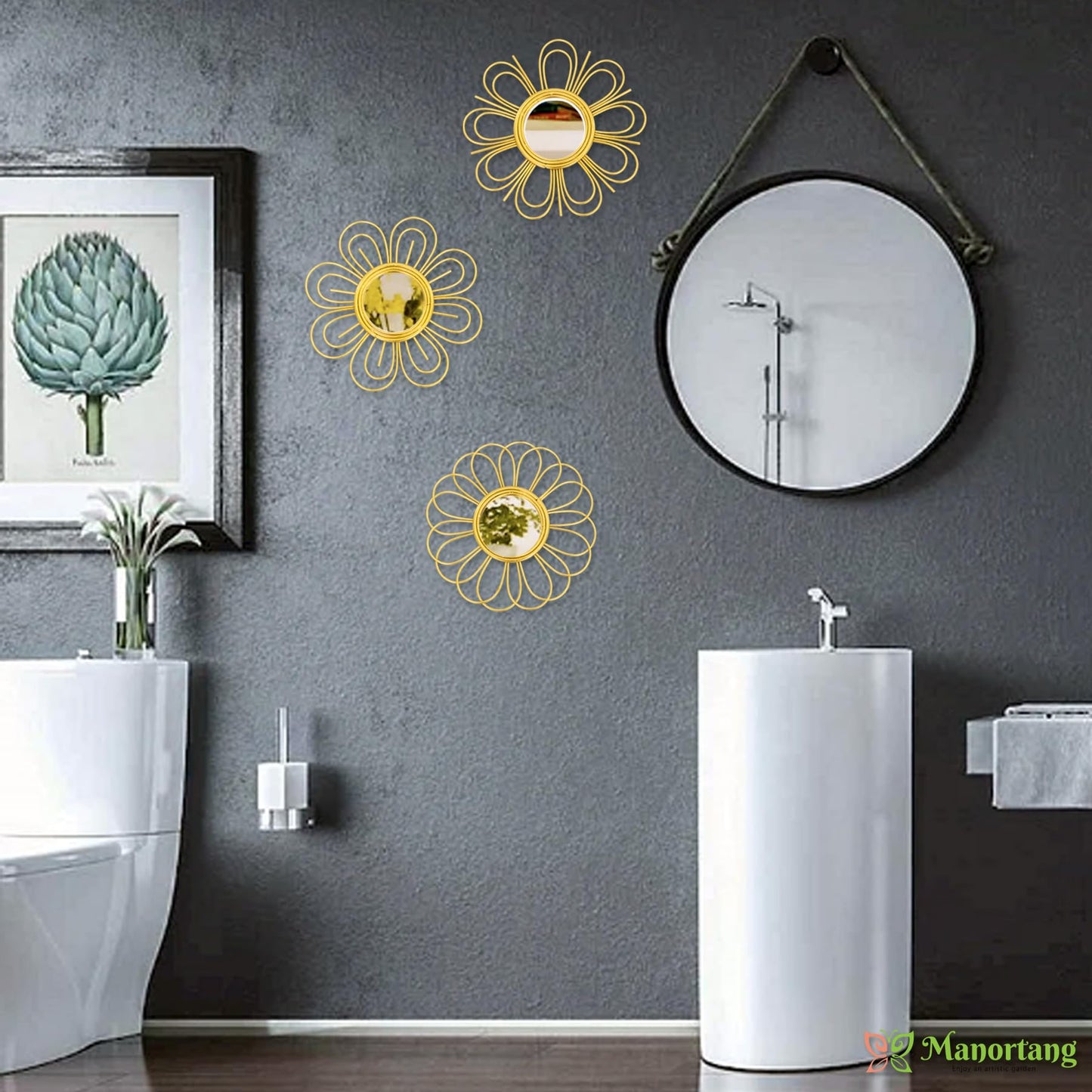 Gold Mirrors 3 Piece, 9 inch Flower-Indoor Shaped Mirror Hanging Wall Decor