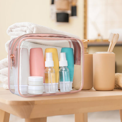 PACKISM Clear Makeup Bag - TSA Approved Toiletry Bag for Travel Size Toiletries, Travel Clear Toiletry Bag Quart Size Bag, Carry on Airport Airline Compliant Bag, Rose Pink(for age 12 or above)