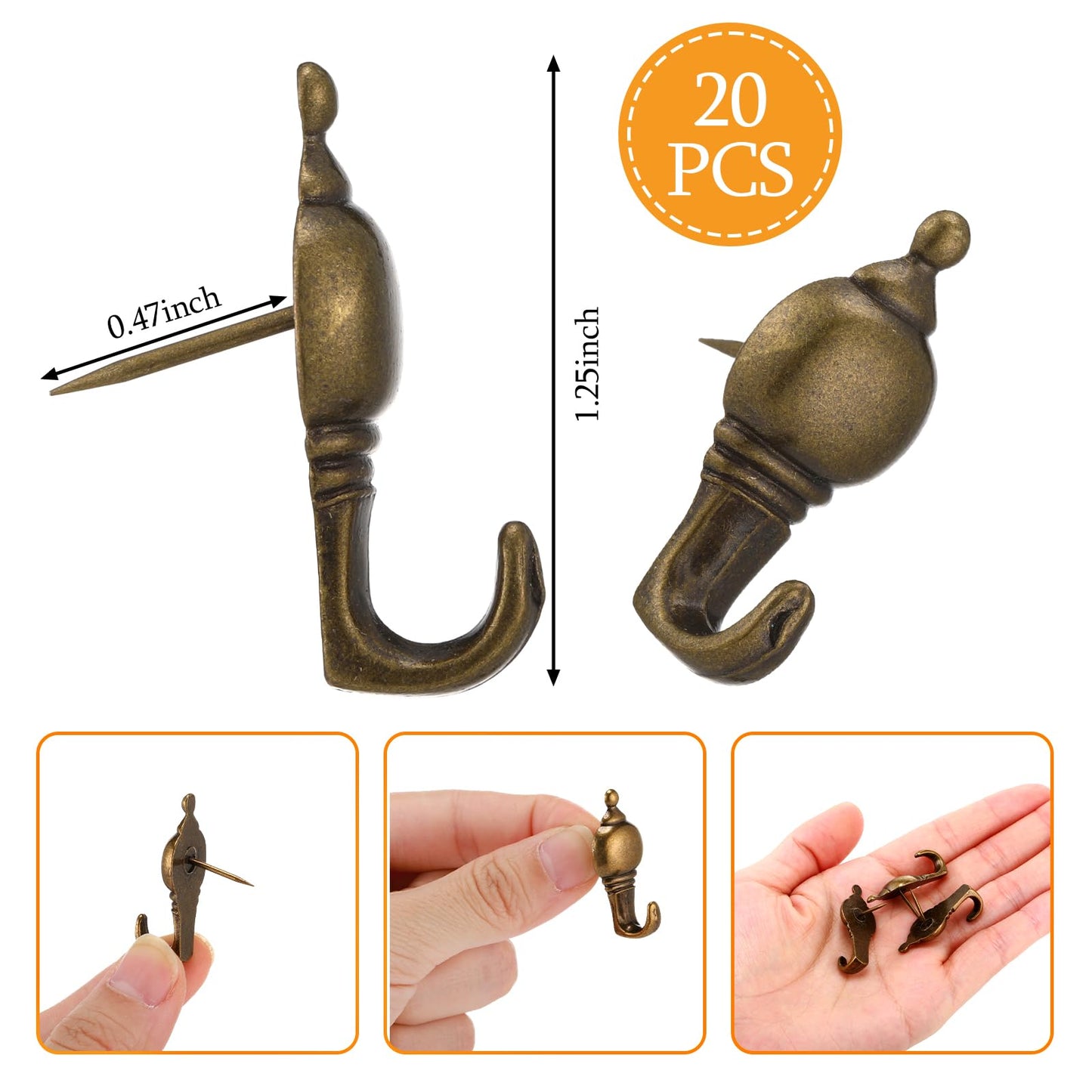 20 Pieces Push Pin Hangers Plant Shape Pin Hook Hanger Zinc Alloy Picture Bronze Wall Hooks(Retro Gourd)