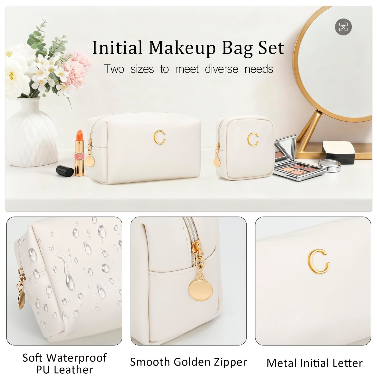 CLOUDWINGS Personalized Birthday Gifts for Women - Initial Makeup Bag Set Travel Toiletry Bag Cosmetic Bags Soft Waterproof PU Leather Makeup Pouch Travel Essentials (C, 2pcs Beige)