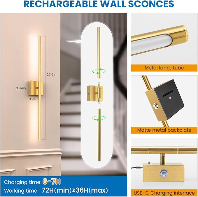 NIORSUN 28 Inch Battery Operated Wall Sconce Set of 2, 360° Rotation Gold Rechargeable Wall Lights with Detachable Tube and Remote, 3CCT Dimmable Wireless Wall Lamp for Living Room Bedroom Hallway