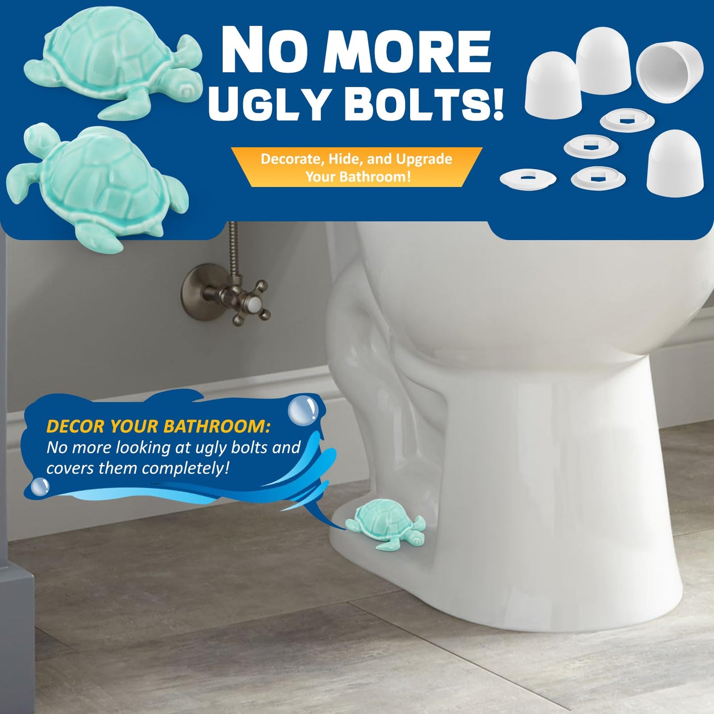 NEEXAN 2 Blue Ceramic Turtle Toilet Bolt Covers Decorative with 4 Universal Toilet Screw Cover Caps, Easy-Install Toilet Caps for Bottom of Toilet, Cute Bathroom Décor & Gift Set