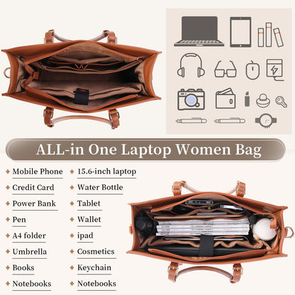 Laptop Bag for Women 15.6 inch Waterproof Laptop Tote Work Bag Leather Computer Tote Briefcase Bag Office Professional Large Capacity Handbag School Shoulder Bag Brown