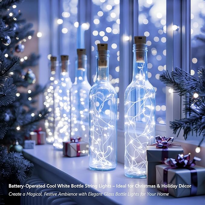 10 Pack Bottle Lights with Cork, 20 LED 7ft Cool White Copper Wire String Lights for Wine Bottles, Battery Operated Decorative Fairy Lights for DIY, Home, Party, Wedding Decor (Cool White)