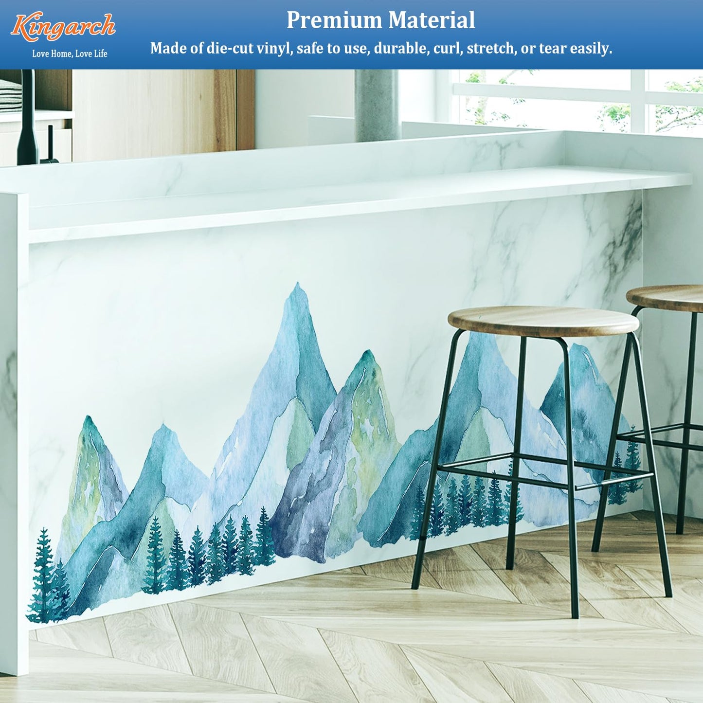 Large Mountain Wall Decals, Blue Pine Tree Peel and Stick Vinyl Wall Stickers & Murals, Removable Home Room Wall Decor for Bedroom Living Room Bedroom Classroom Office Nursery